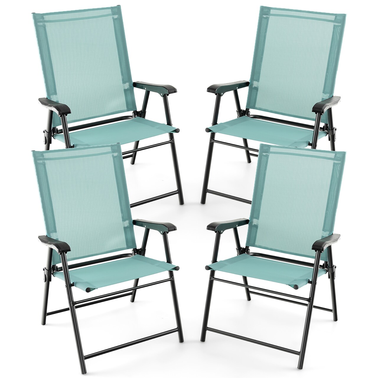 Costway Patio Folding Sling Back Chair Portable Armrests Metal Outdoor Dining Green